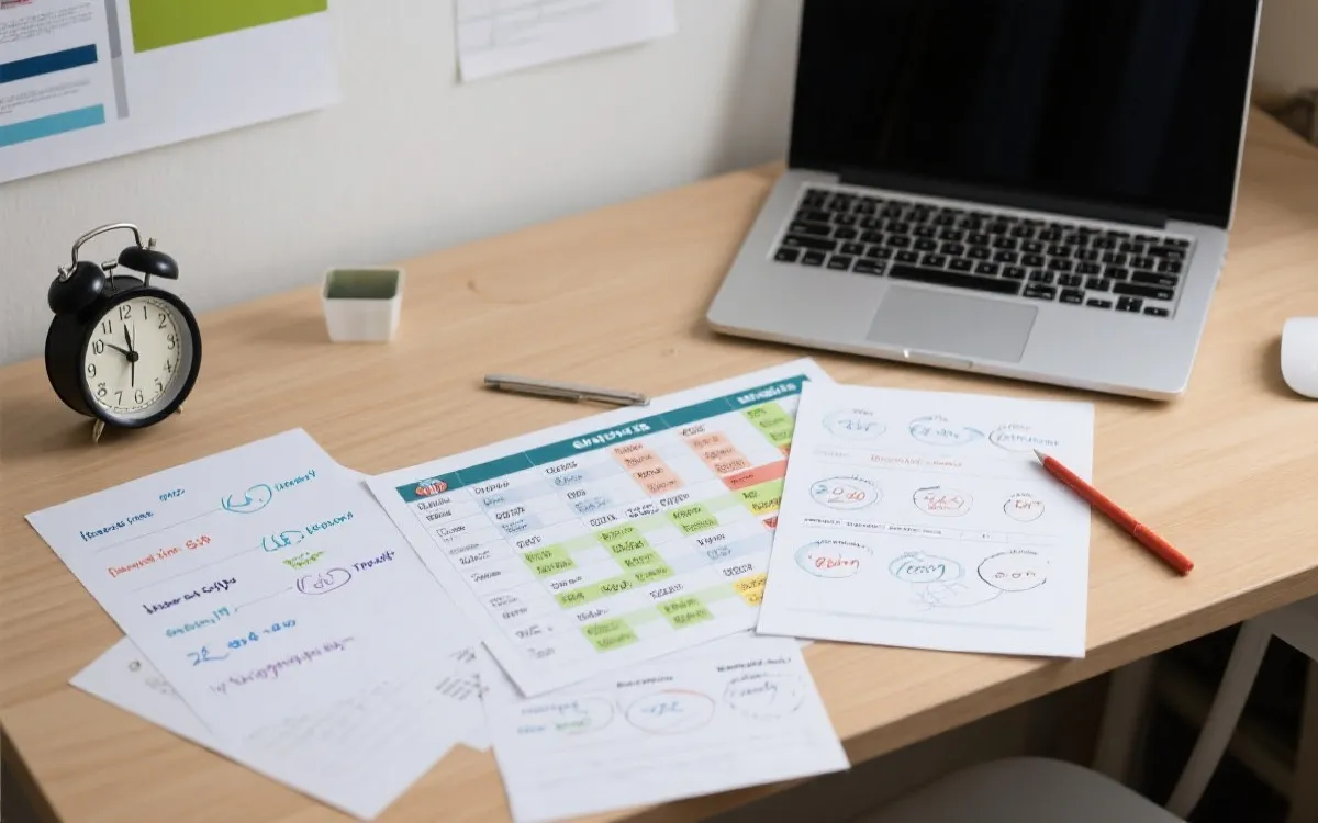 桌面上摊开的赛程表与时区换算草稿，旁边是电脑与闹钟，呈现理性规划的观赛准备